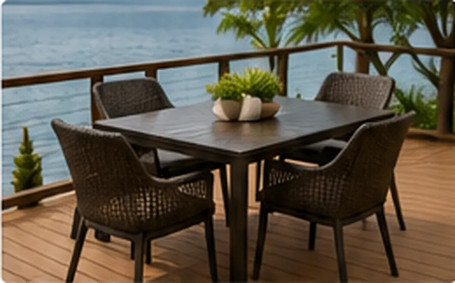 Outdoor dining table and chairs on a timber deck