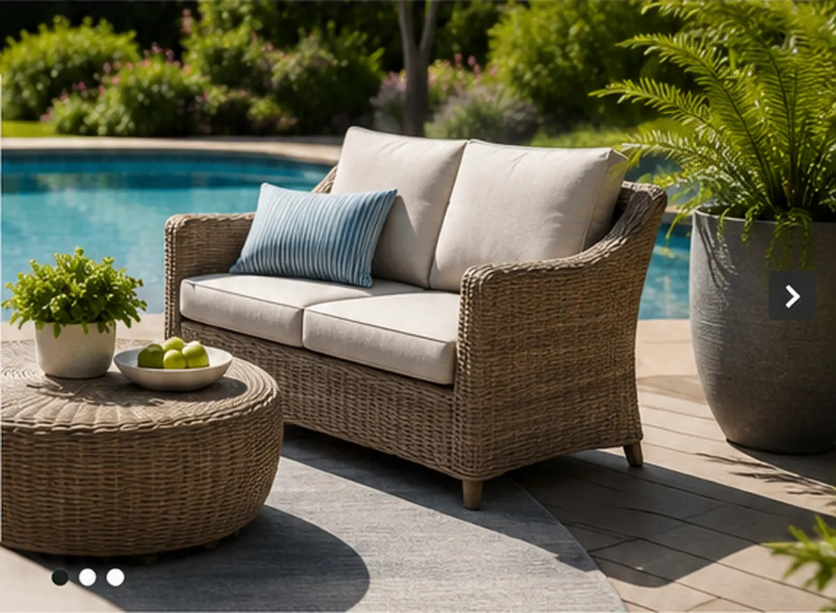 Woven outdoor sofa and table beside a swimming pool