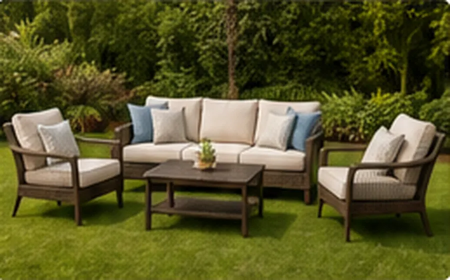 Outdoor sofa and chairs arranged on a green lawn